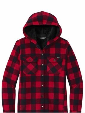 Eddie Bauer, Women’s Red and Black Plaid Hooded Flannel Shirt Jacket